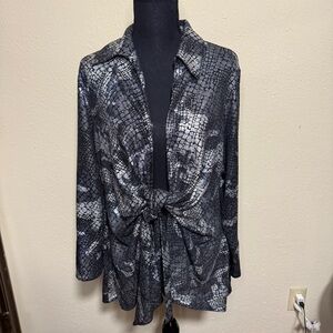 Mishca Stylish Black and Gray Tie-Front Blouse Reptile Snake Metallic Cardigan